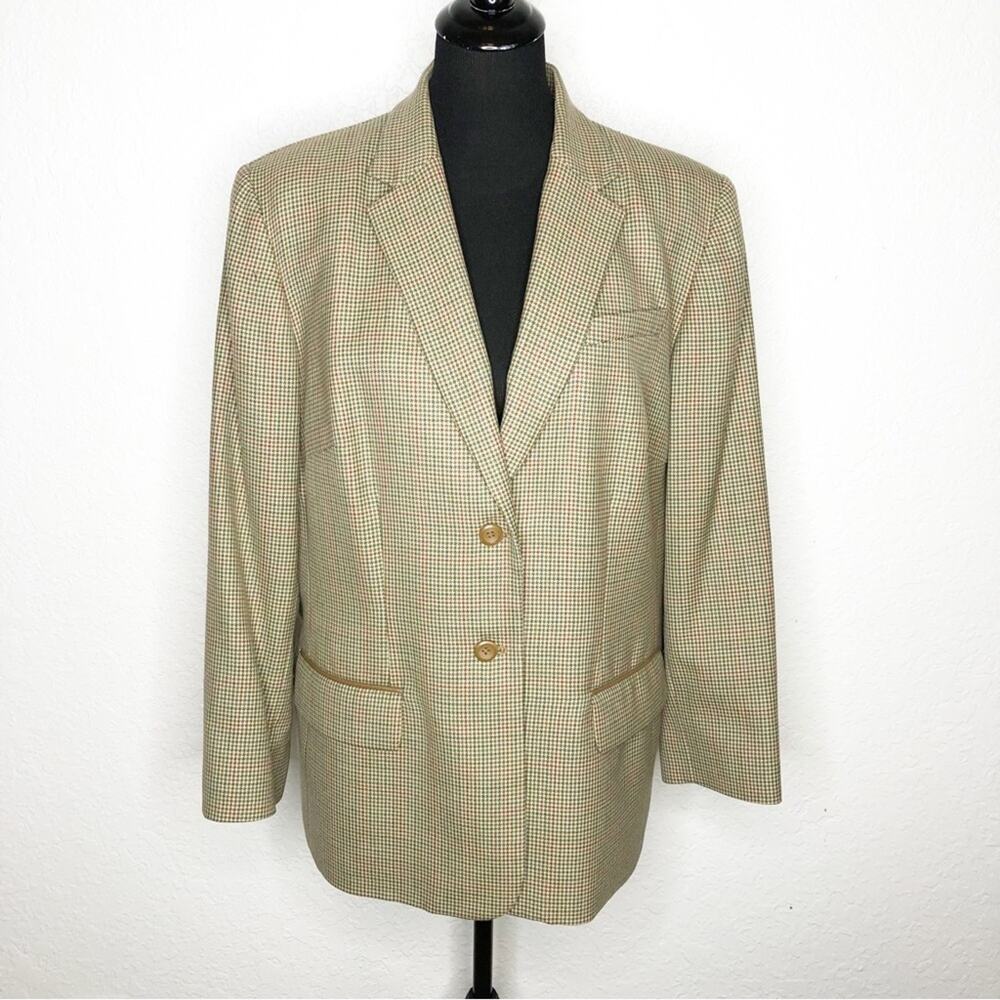 Pendleton‎ tan brown green houndstooth virgin wool button front blazer size 16W